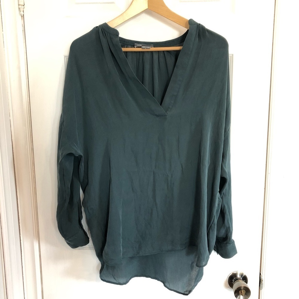 VINCE 100% Silk Popover Blouse in Cypress Green Teal | XS - Picture 2 of 7
